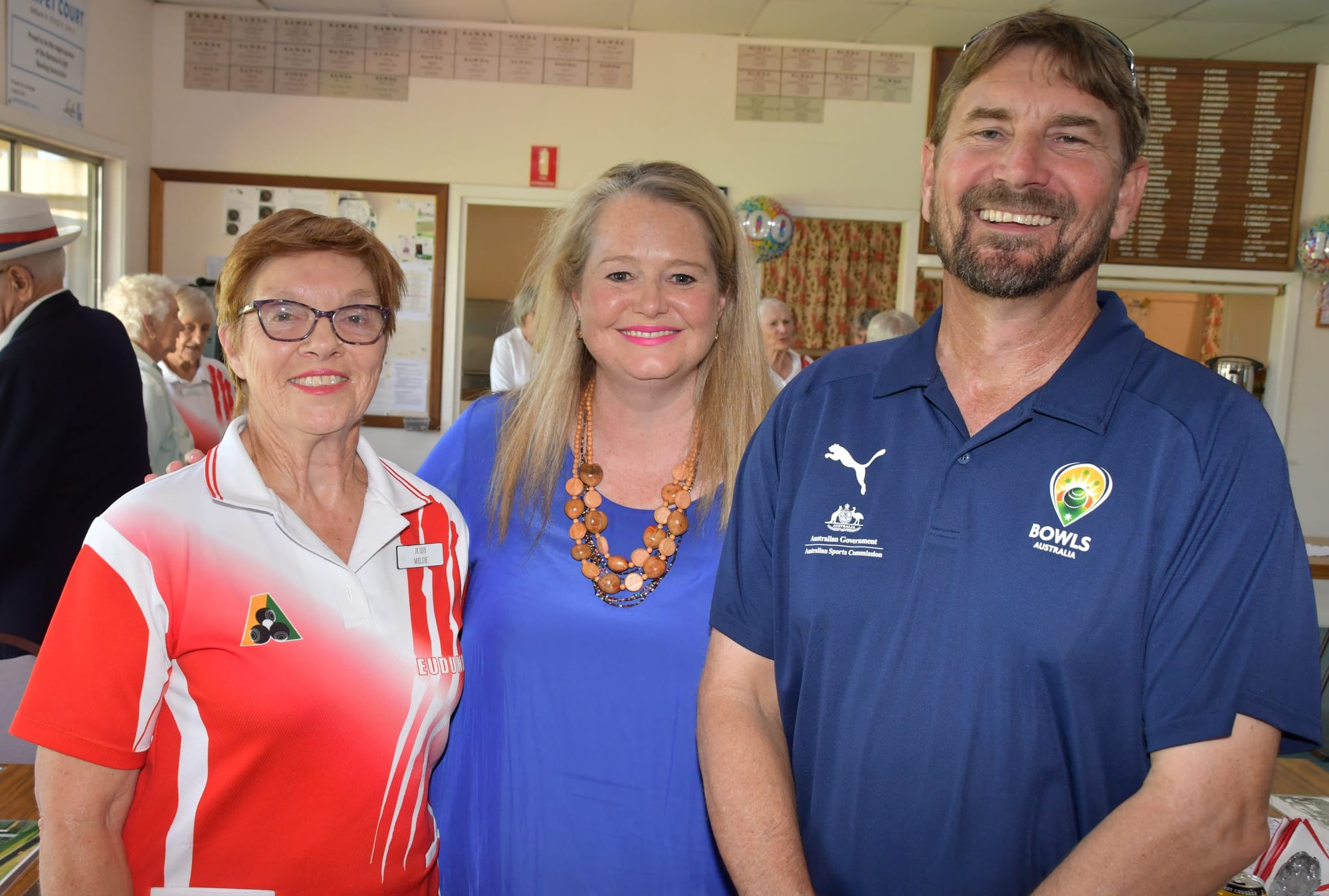 Secretary centenary committee, Judy Milde; Member for Frome, Penny Pratt MP; Brett Herbert, Club Support Manager Bowls Australia.
