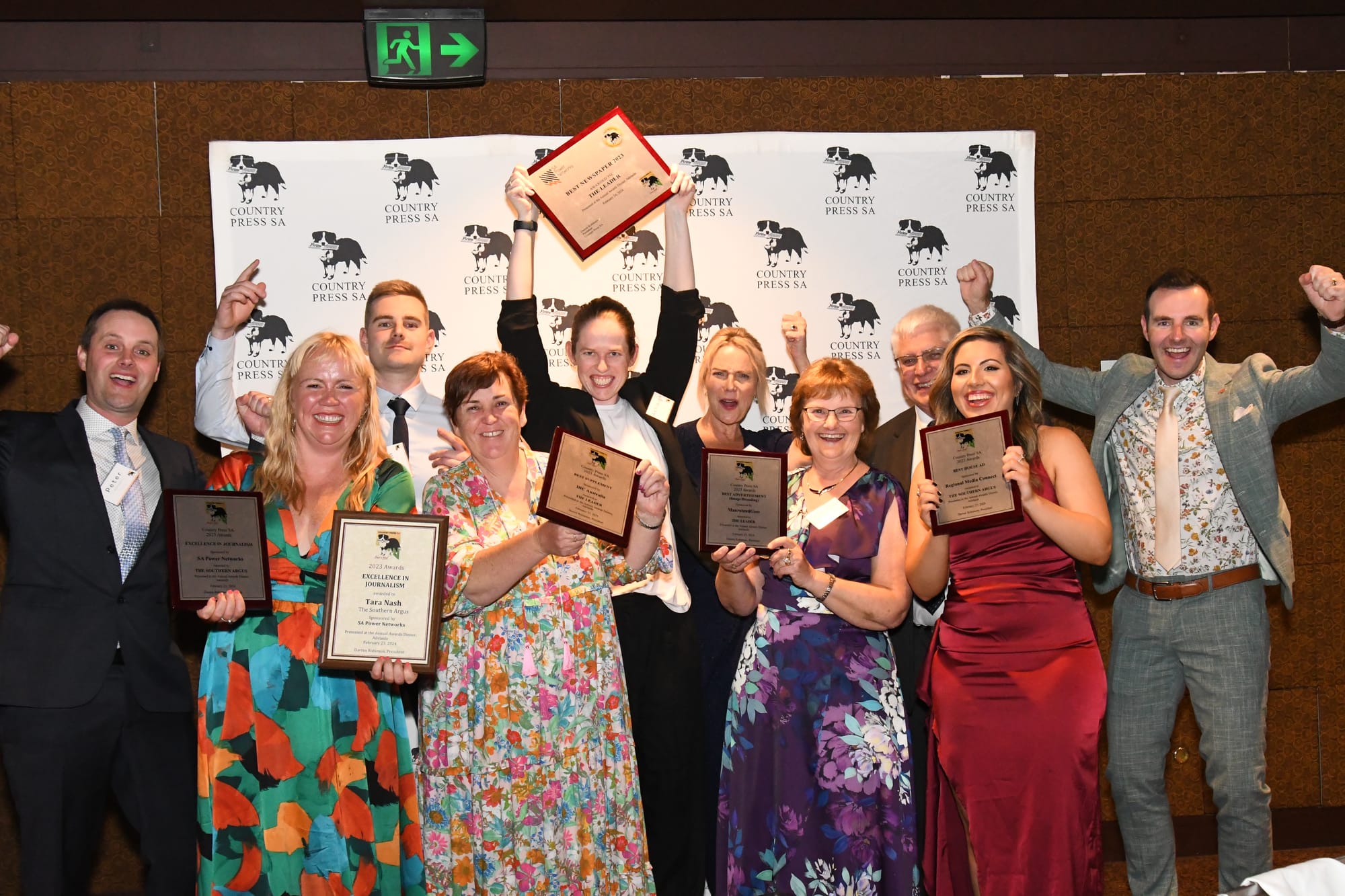Team members from The Leader and The Southern Argus celebrate their success at Friday’s Country Press Association Awards: Peter Robinson, Tara Nash, Adam Robinson, Deirdre Graham, Ashleigh Seedsman, Mel Siri, Angela Robinson, Tony Robinson, Giorgina McKay, and Darren Robinson.