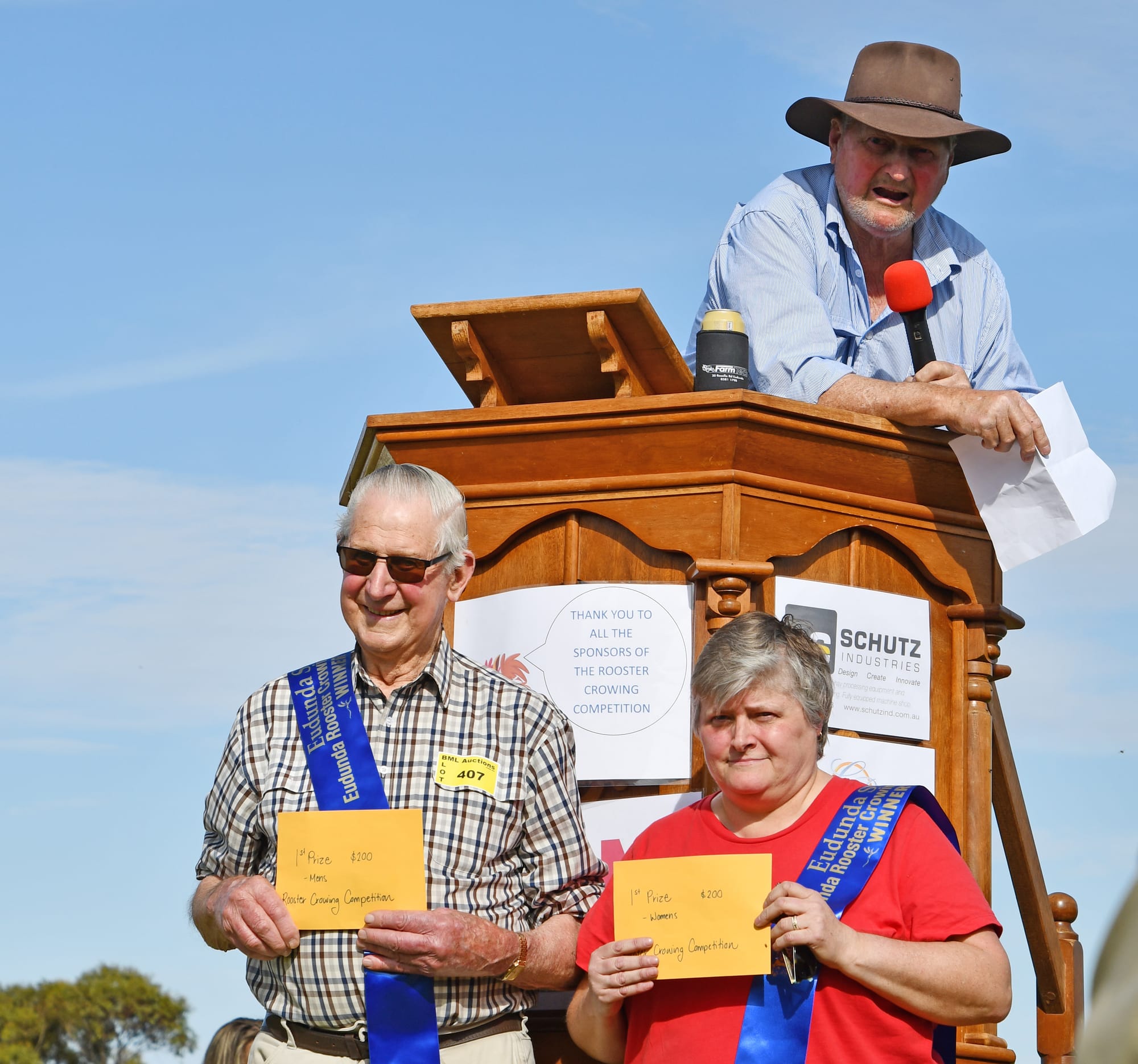 Winners of the Senior Rooster Crowing Competition, Hedley Scholz taking out first place in the Men’s, aged 90 and Alison Schiller winning the Women’s and Champion Rooster Crower overall.
