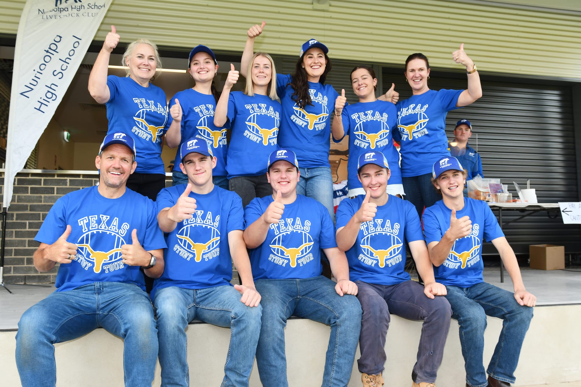 Nuriootpa High School Grapevine study tour participants. Back: Catherine Nacey, Arrabella Haaren, Maddy Sherwood, Milly Hoffmann, Maya Klose and Janine Harding. Front: Rick Lane, Riley Falkenberg, Nick Richardson, George Preston and George McCarthy.