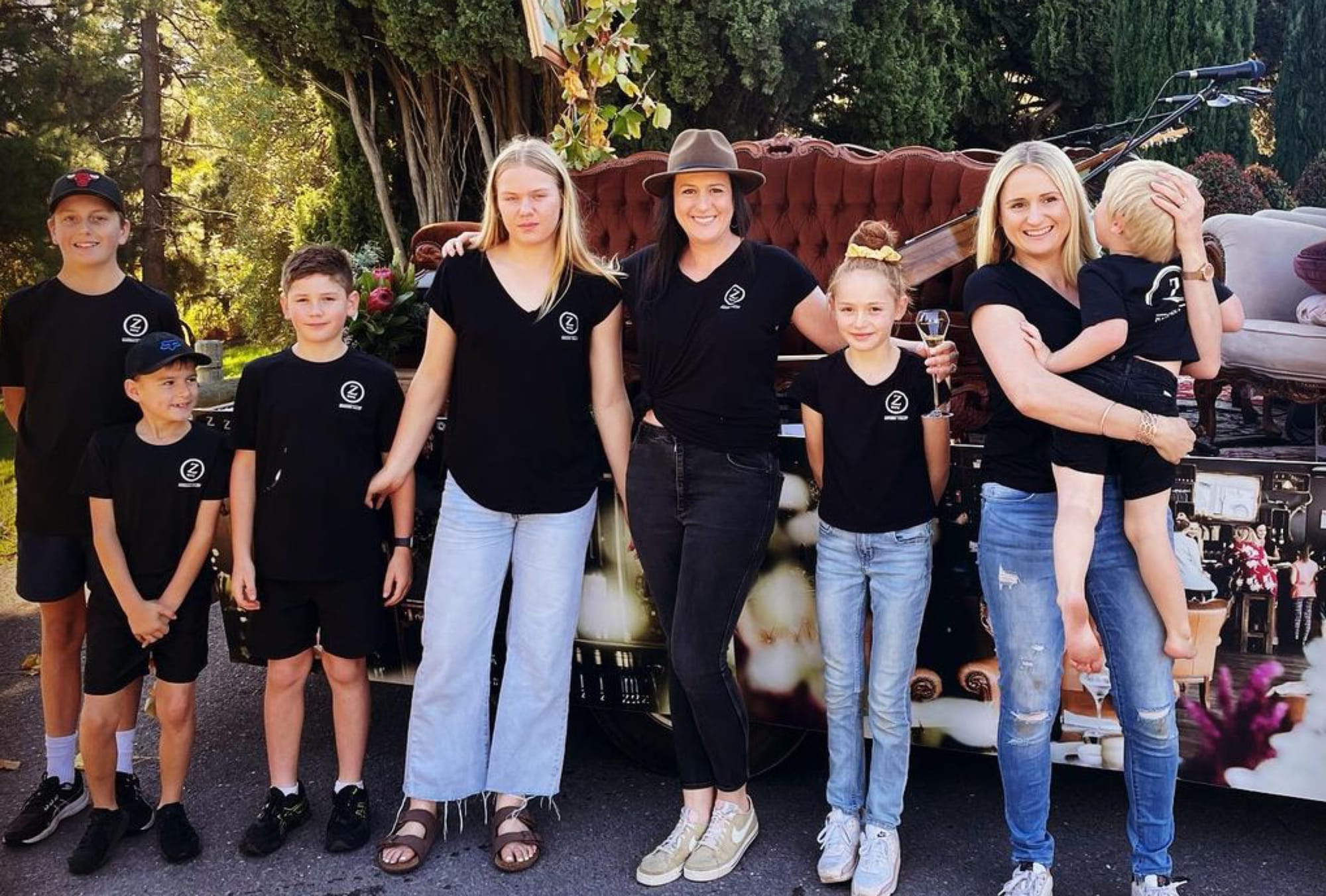 The family tradition continues. At the 2023 Barossa Vintage Festival Parade LEFT TO RIGHT: Seb Badrice, Joss Badrice, Keevan James, Mahlia James, Janelle Badrice (Zerk), Jalilah James, Kristen Zerk and Clarry James. 
