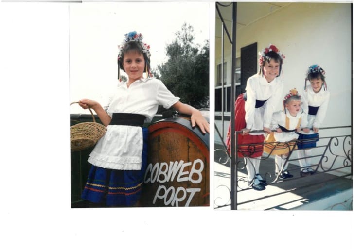 Left: Janelle Zerk dressed for the Barossa Vintage Festival Parade as a child. Right: The Zerk sisters in their home-made outfits for Barossa Vintage Festival Parade, Danielle, Kristen and Janelle.