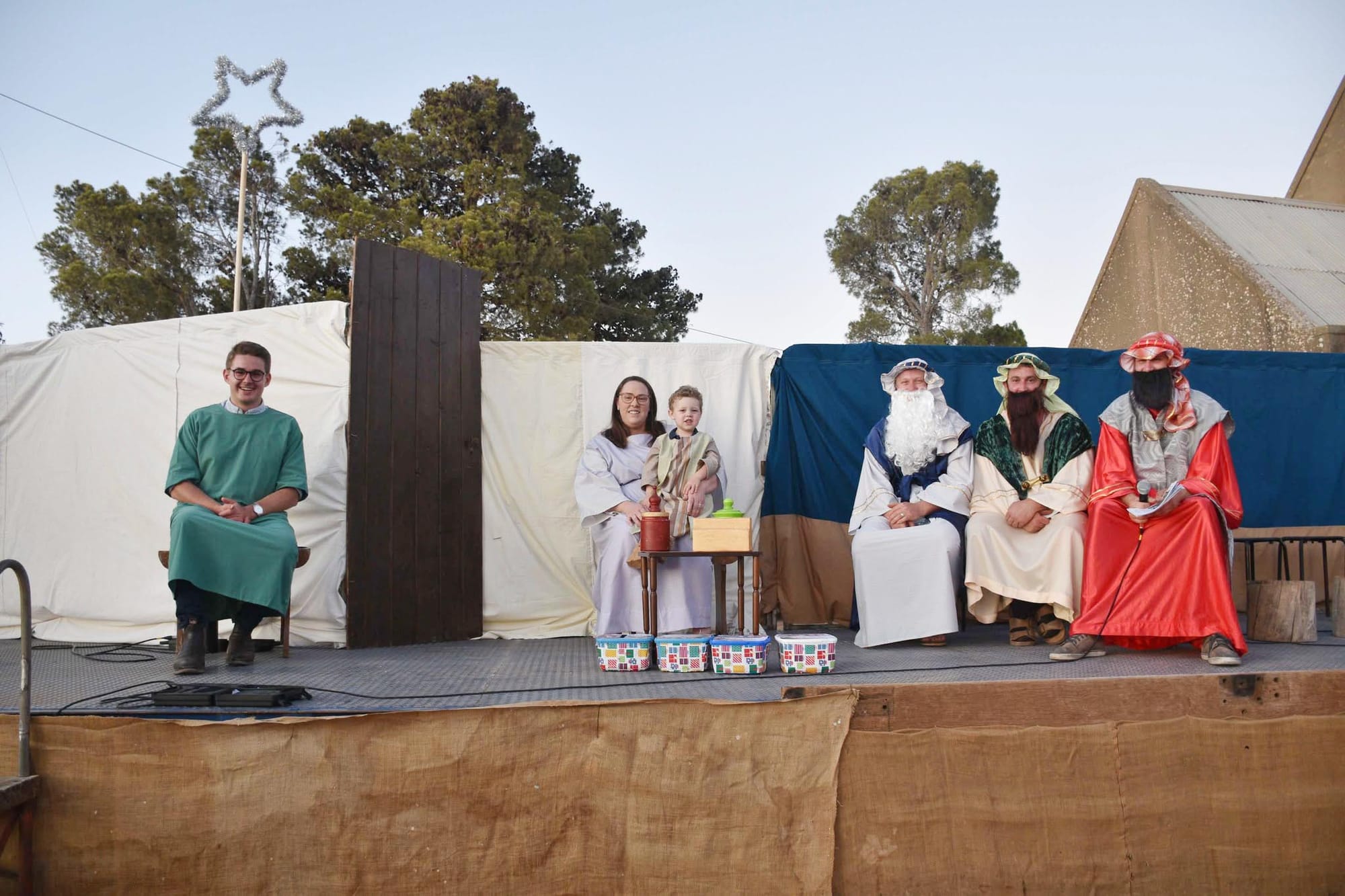 Left to right, housekeeper, Samuel Doering; mother and toddler Jesus, Nicole and Levi Farrow; Wise Men,  Damien Jenke, Chris Simmons, Rhys Jenke.