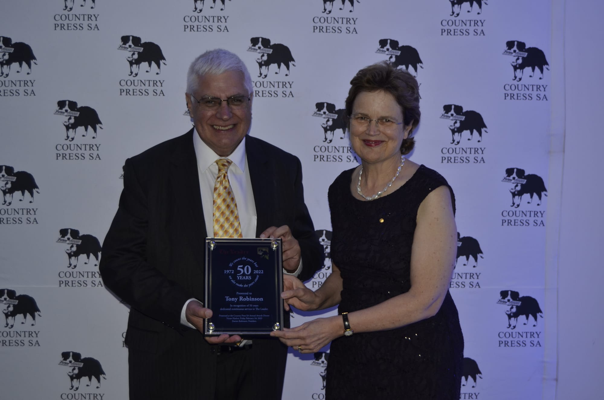 Tony Robinson receives his 50 year’s Service Plaque from Her Excellency the Honourable Frances Adamson AC, Governor of South Australia.
