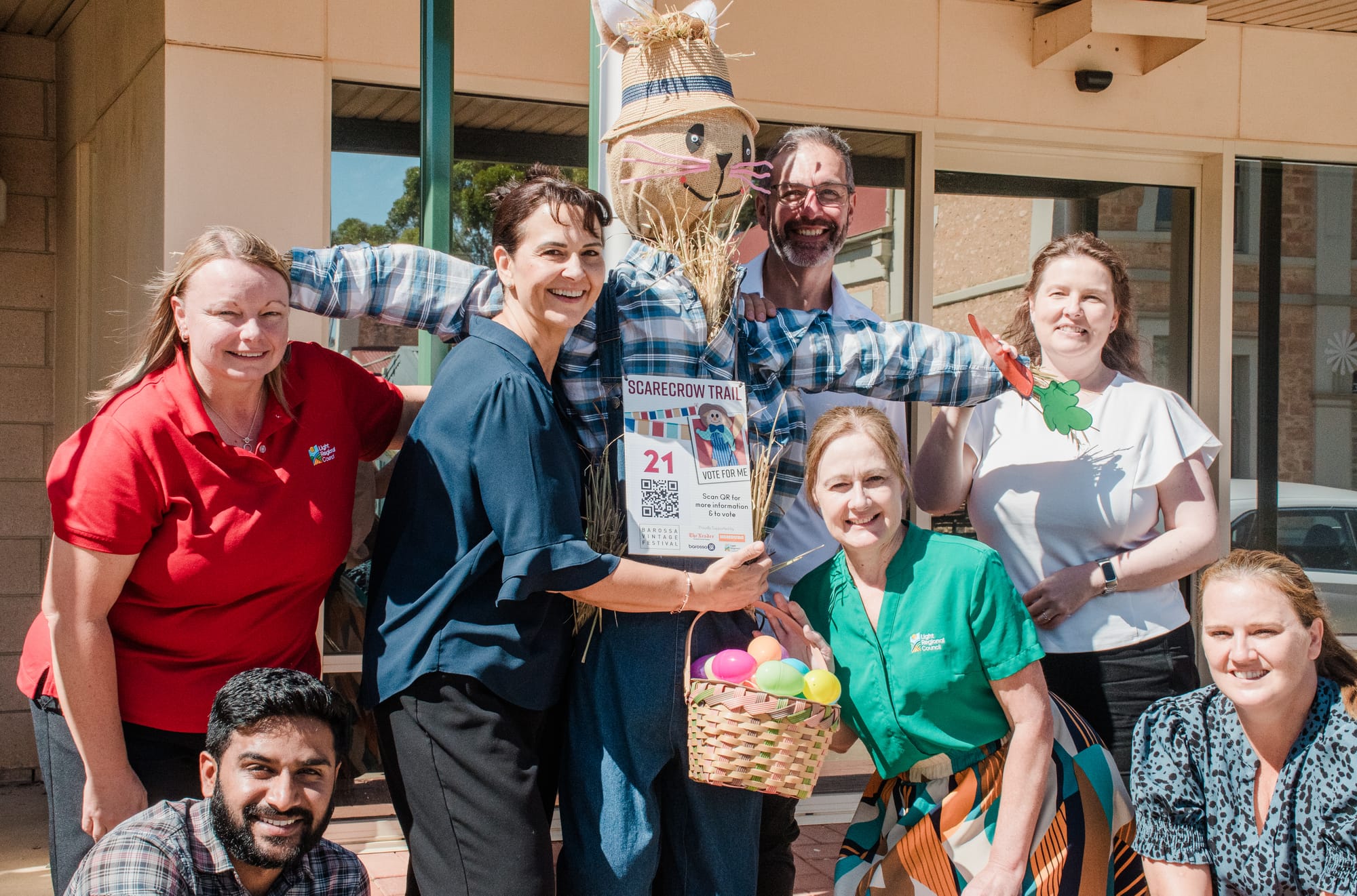 The team from Light Regional Council at Freeling with their first scarecrow, 'Easter Bunny.' Lynn Stevenson, Hemasundar Boghanadaham, Miriam Thiele, Anthony Zollo, Corinne Shaw, Sonya Jones, Michelle Marijen.